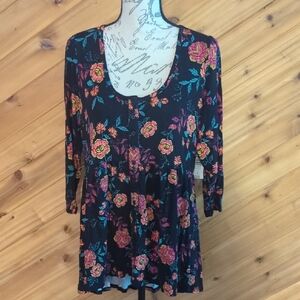 Torrid Black Floral Blouse with Pink and Orange Accents